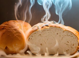 The photo shows beautifully baked bread that has been taken out of the oven. There is a slight puff of smoke around the bread. the inside looks soft and fluffy. Generative AI