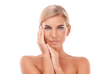 Skincare, beauty and portrait of woman feeling calm about dermatology and natural skin glow on an isolated, transparent png background. Hands, face and wellness of a model for facial care