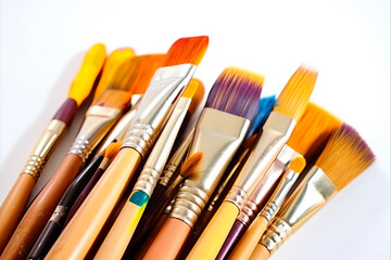 Fototapeta premium Composition of painting brushes on white background