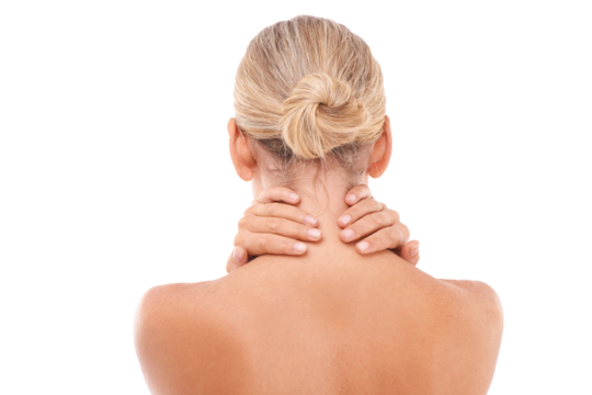 Neck pain, injury and woman with discomfort, stress or ache after a spa body care treatment. Sore and back view of a female model with a muscle sprain on an isolated and transparent png background