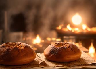 Two loaves of bread, placed on an old, wooden board. They are all freshly baked and have beautiful, golden skin colors. Generative AI