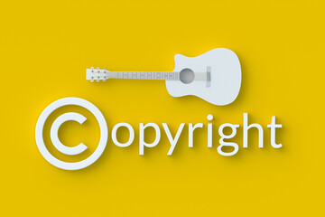 Copyright symbol near guitar. Intellectual property concept. Copyright of the music or song. Top view. 3d render