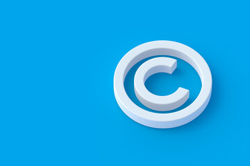 Copyright symbol on blue background. Intellectual property concept. Copy space. 3d render