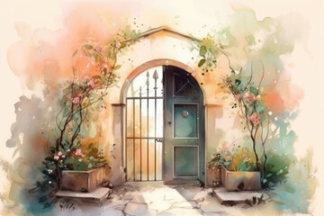 Fototapeta na wymiar Spring door in a garden, Watercolor, Tranquil and peaceful, Soft lighting with warm colors Watercolor design graphic, vector, contour, white background. 