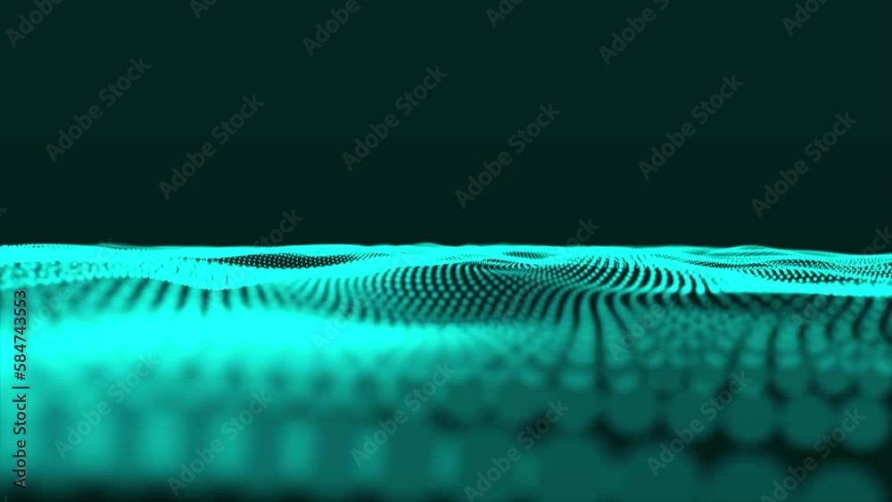 Poster Hi-tech abstract waving dots particle technology background design. Green color abstract background with dynamic elements of waves.