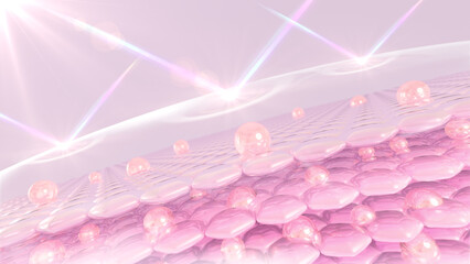 UV-protected 3D rendering of skin cells. Reflective ultraviolet protection. cosmetics, sunscreen, lotion, and serum advertisements. UVA and UVB protection.