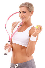 Tennis woman, portrait and racket with smile for health, sport and fitness on an isolated and transparent png background. Happy player, focus and ball in hand for training, wellness or goal