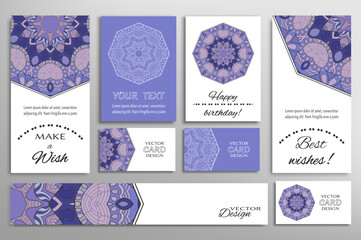 Big set of greeting Cards or wedding Invitations. Postcards template with inscription Make a Wish, Best Wishes, Happy Birthday. Banner, business cards with mandala ornament. Isolated design elements