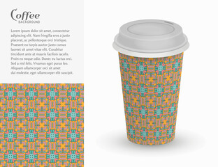 Cardboard paper cup of coffee with ornament and seamless geometric pattern. Take away coffee packaging template, isolated design elements for coffee shop, restaurant menu. Realistic vector cup