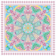 Decorative doodle ornament, symmetric pattern with lace frame. Tribal ethnic mandala decor. Bandana shawl, hijab, tablecloth fabric print, silk neck scarf, kerchief design. Colorful vector background