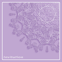 Lace Invitation Card template with mandala element. Doodle line pattern. Decorative openwork filigree art background for Wedding, Valentine's day greeting card, Birthday Invitation