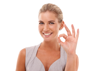 Hand sign, ok and portrait of woman with smile on face, agreement and understanding on an isolated and transparent png background. Motivation and good job finger gesture, happy with work empowerment