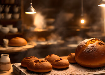 One loaf of bread and four rolls, arranged on an old, wooden board. All are freshly baked and have beautiful, golden crust colors. Generative AI