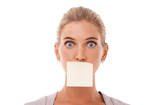 Sticky note, wow and shocked face of woman with covered mouth on an isolated and transparent png background. Portrait of surprised, alert and censored corporate female or entrepreneur