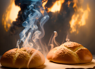 The photo shows beautifully baked bread that has been taken out of the oven. There is a slight puff of smoke around the bread. the inside looks soft and fluffy. Generative AI