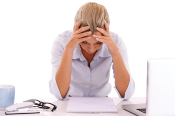 Mental health, burnout and business woman stress over bad crypto investment, stock market crash or finance loss. Accounting documents and problem crisis on an isolated, transparent png background