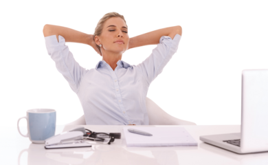 Corporate, working and relax with a business woman on an isolated, transparent png background sitting hands behind head. Laptop, success and coffee with a female feeling relaxed at a work desk