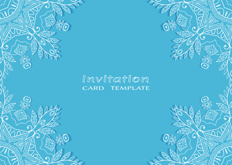 Invitation or Card template with lacе frame border, doodle line pattern, mandala element. Decorative openwork filigree art background for Wedding, Valentine's day greeting card, Birthday Invitation