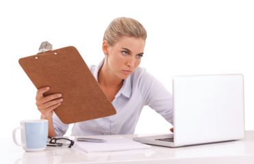 Serious business woman, laptop or clipboard on an isolated, transparent png background for cv review or recruitment. Human resources, hr or worker with technology, paper documents or busy work
