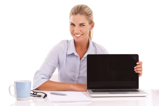 Laptop mockup, portrait and businesswoman on an isolated, transparent png background for advertising space. Happy worker, female model and computer technology, website and digital marketing platform