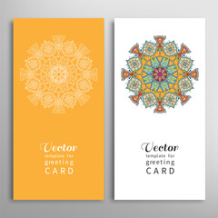 Cards or Invitations set with tribal ethnic mandala ornament, doodle floral geometric pattern for wedding, bridal, Valentine's day, greeting card or birthday invitation. Decorative colorful background