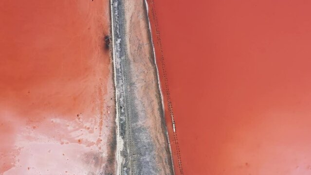 Above pink salt lake with microalgae Dunaliella salina. Famous for its antioxidant properties, enriching water by beta-carotene, used in medicine, dermatology and spa. Salt production facilities pond.