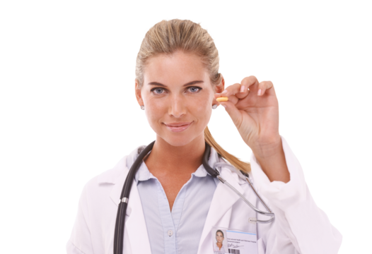 Portrait, pills and healthcare with a doctor woman on an isolated, transparent png background for health or insurance. Medical, tablet and pharmaceutical product with a pharmacist holding medicine - Powered by Adobe