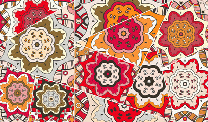 Vector patchwork quilt pattern. Vintage decorative collage. Hand drawn background. Indian, Arabic, Turkish motifs for printing on fabric or paper. Abstract colorful doodle pattern in mosaic style