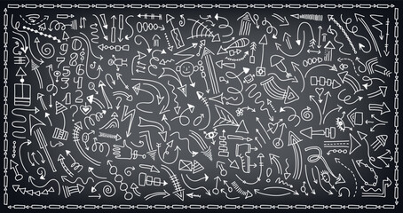 Mega set of doodle arrows, digits, and design elements. Isolated white chalk signs, shapes on black background. Hand drawn symbols collection. Vector illustration