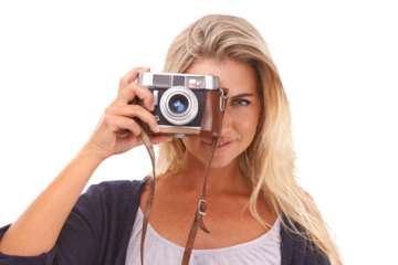 Photographer, face portrait and woman with camera for vintage photo shooting, picture memory or lens photoshoot. Retro photography, paparazzi girl and girl on an isolated, transparent png background