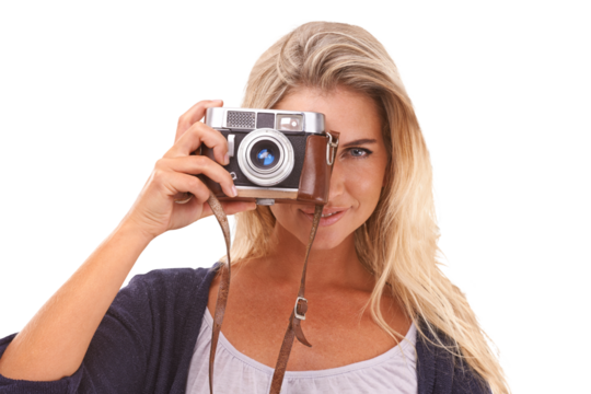 Photographer, face portrait and woman with camera for vintage photo shooting, picture memory or lens photoshoot. Retro photography, paparazzi girl and girl on an isolated, transparent png background