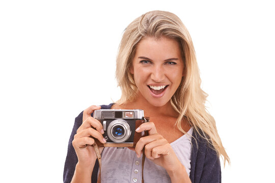 Photographer, portrait and woman with camera for vintage photo shooting, picture memory or lens photoshoot. Photography, paparazzi and girl with emoji on an isolated, transparent png background