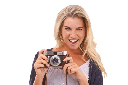 Photographer, portrait and woman with camera for vintage photo shooting, picture memory or lens photoshoot. Photography, paparazzi and girl with emoji on an isolated, transparent png background