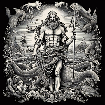 artistic illustration of poseidon, mythical sea deity, generative AI