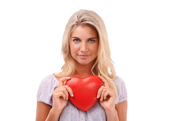 Heart, love and portrait of woman with red object, romantic product or emoji icon for Valentines Day holiday. Beauty face, care and happy model girl on an isolated and transparent png background