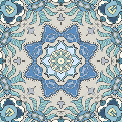 Hand drawn seamless graphic pattern, colorful artistic background with floral and geometric elements. Doodle ethnic mandala ornament for textile fabric, paper print. Surface texture 