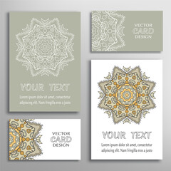 Greeting and business cards set. Isolated doodle mandala ornament with geometric, floral elements. Colorful and monochrome round pattern. Design for logo, icon, label, emblem. Tribal ethnic decoration