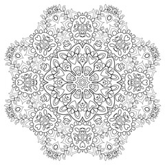 Mandala isolated design element, geometric line pattern. Stylized floral round ornament. Zen doodle art, monochrome sketch for coloring book page, textile fabric print. Black and white illustration