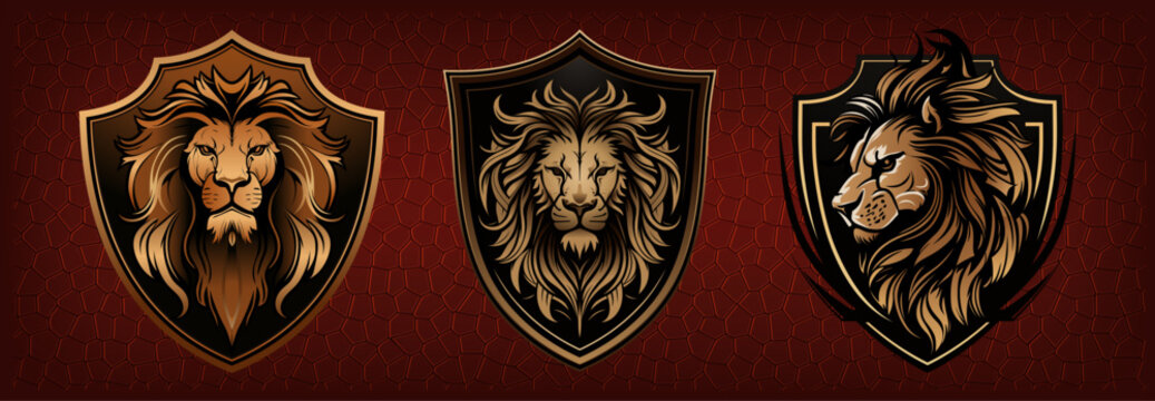 Luxury lion shield collection, lion head mascot, abstract lion logo set, vector design
