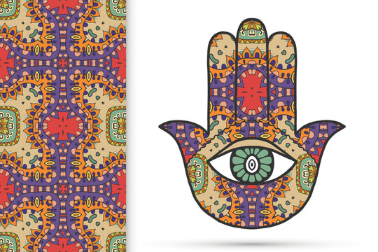Boho hamsa hand, protection amulet, symbol of strength and happiness with seamless geometric pattern. Abstract graphic background, vertical floral doodle pattern, vector illustration