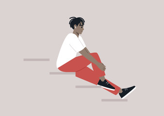 Young male African character sitting on the stairs, lost in the music streaming through their earphones