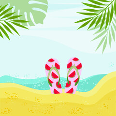 Fototapeta na wymiar Summer beach. Sand, ocean, flip-flops with watermelon pattern. Vector background, template