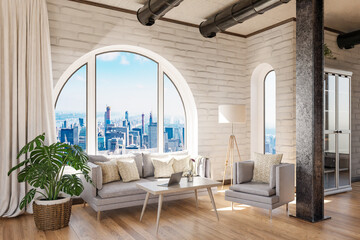 luxurious loft apartment with arched window and panoramic view over urban downtown; noble interior living room design mock up; 3D Illustration