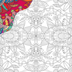 Decorative doodle pattern for coloring book. Hand drawn fantasy line art, floral geometric ornament for painting, coloring page. Tribal ethnic decoration. Black and white with sample of colors