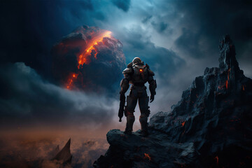 Fototapeta na wymiar illustration of a lonely space marine soldier in an alien planet, standing on a mountain and looking into the universe, astronaut standing on an alien planet, generative ai