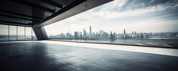Panoramic skyline , modern office buildings, empty concrete floor in the foreground, abstract architectural background, generative ai