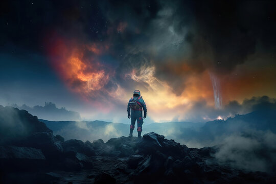 illustration of a lonely space marine soldier in an alien planet, standing on a mountain and looking into the universe, astronaut standing on an alien planet, generative ai