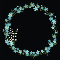 Abstract floral frame with space. Spring flowers: forget-me-nots and lilies of the valley.