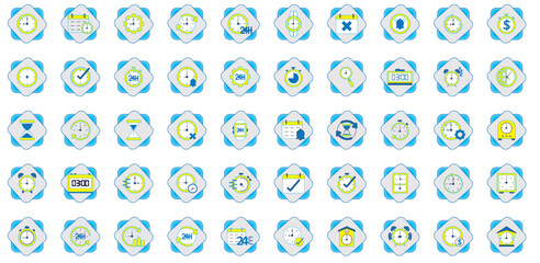 set of vector images of clock icons on blue background