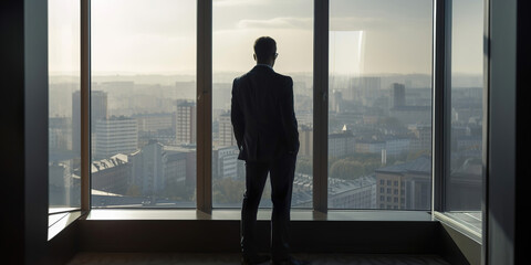 Fototapeta na wymiar businessman standing in front of window, overlooking to the city, generative ai